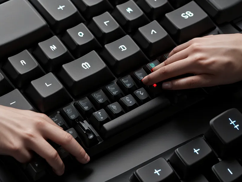Nahaufnahme von Händen an einer mechanischen Tastatur bei nächtlicher Arbeit am Laptop.