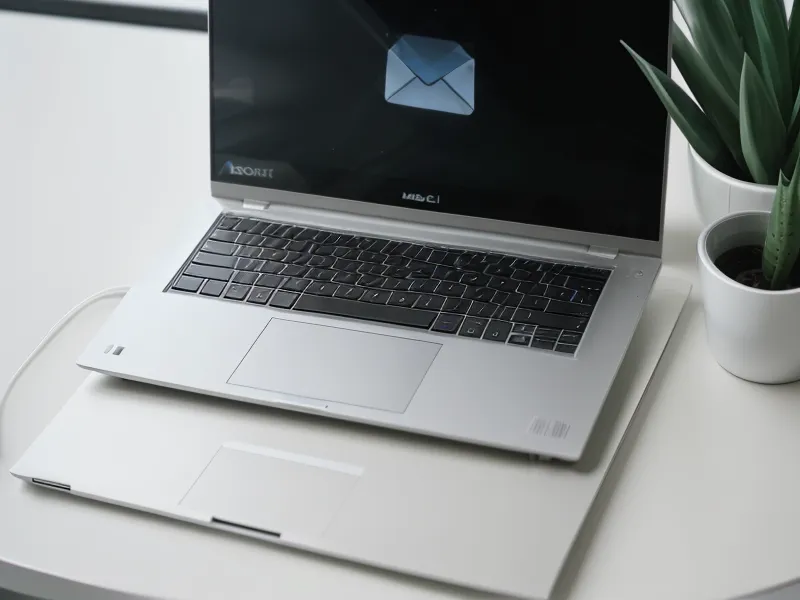 Ein Laptop-Bildschirm mit einem leeren Support-Postfach in einer hellen Büroumgebung.